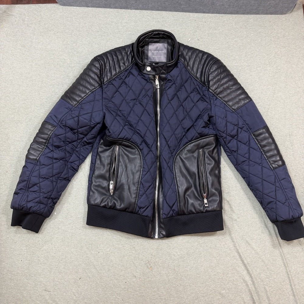 ZARA Man Moto Style Biker Jacket Faux Leather Size Large Blue Zipper